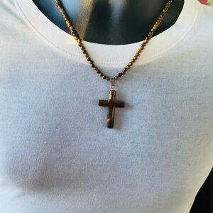 Men’s Yellow Tigers Eye Cross Necklace👁️